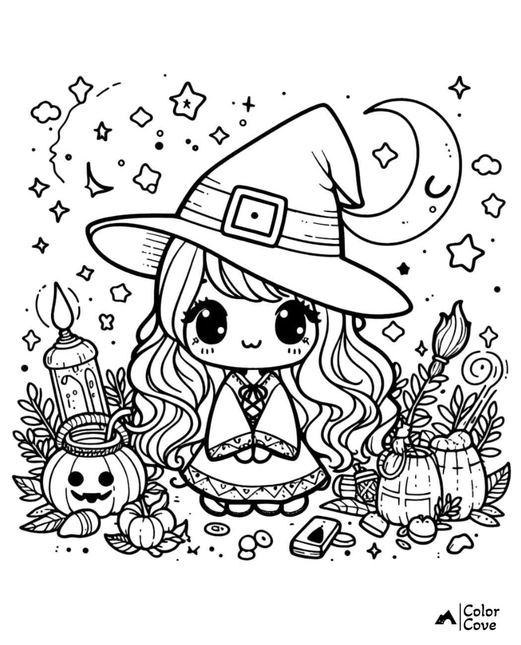 Adorable witch coloring page with stars, pumpkins, and cute details perfect for Halloween themed kids' activities.