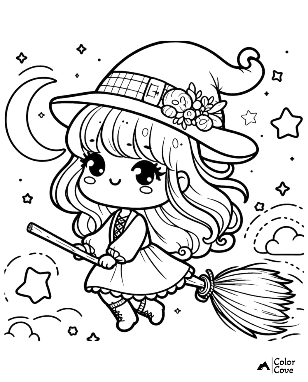 Cute Halloween witch on a broomstick coloring page, perfect for kids. Stars, moon, and clouds in the background.