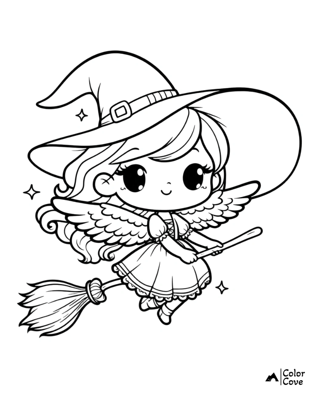 Cute winged witch on a broomstick – Halloween coloring page for kids and adults to enjoy. #ColoringPage #HalloweenFun