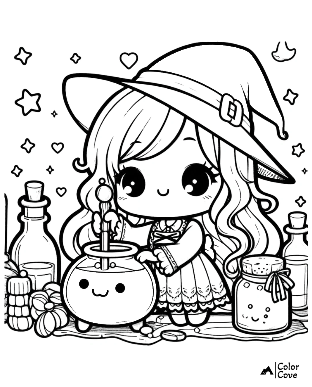 Cute witch mixing potion in a cauldron, surrounded by potion bottles and pumpkins. Fun Halloween coloring page.