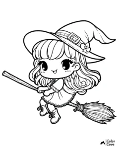 Cute witch flying on a broomstick with stars and moon coloring page, perfect for Halloween-themed coloring activities.