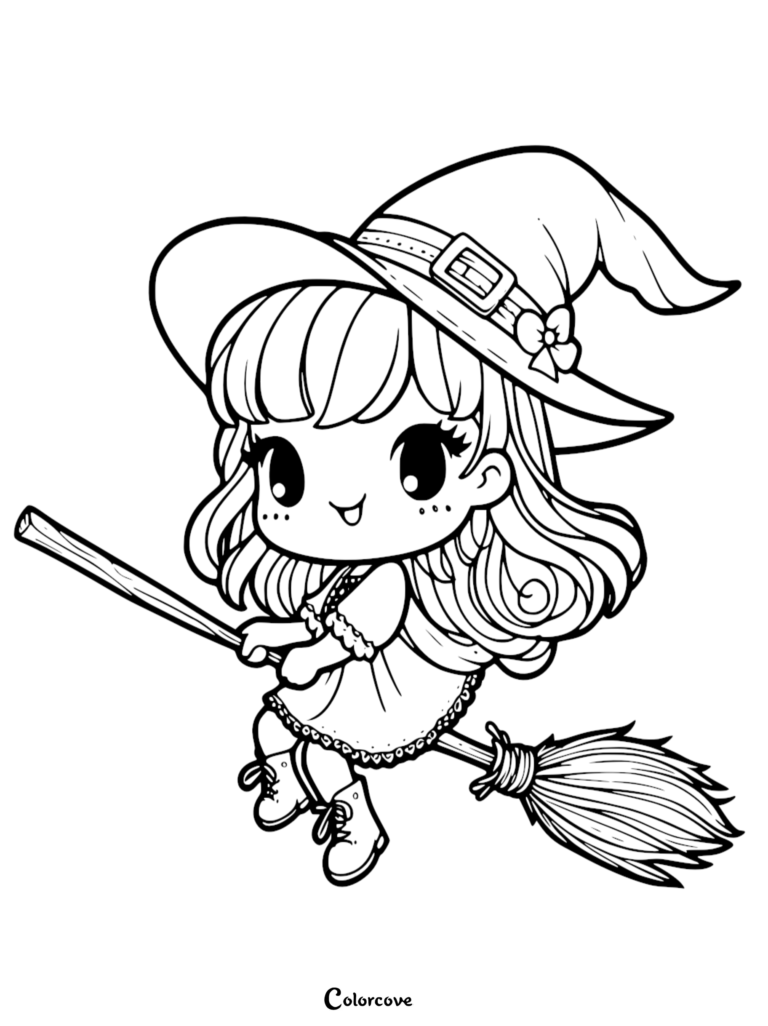 A cute witch with big eyes wearing a buckle hat flying on a broomstick, line art coloring page.
