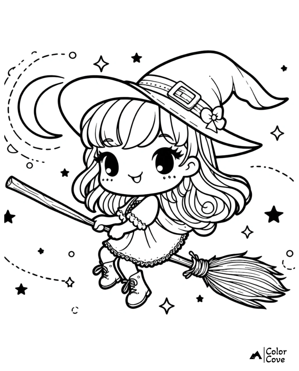 Cute witch flying on a broomstick with stars and moon coloring page, perfect for Halloween-themed coloring activities.