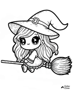 Cute witch on a broomstick flying in the night sky, coloring page with stars, moon, and clouds; perfect for Halloween fun.