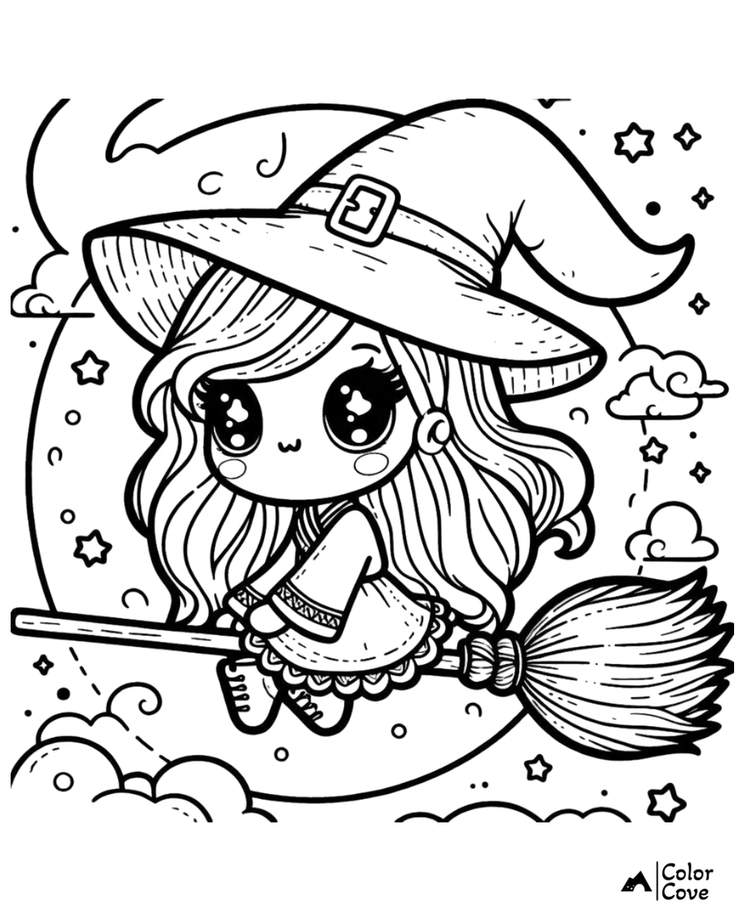 Cute witch on a broomstick flying in the night sky, coloring page with stars, moon, and clouds; perfect for Halloween fun.