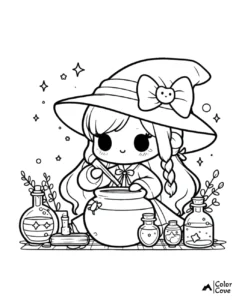 Cute witch with a big hat and ribbon mixing potions at a cauldron, surrounded by magical bottles - coloring page.