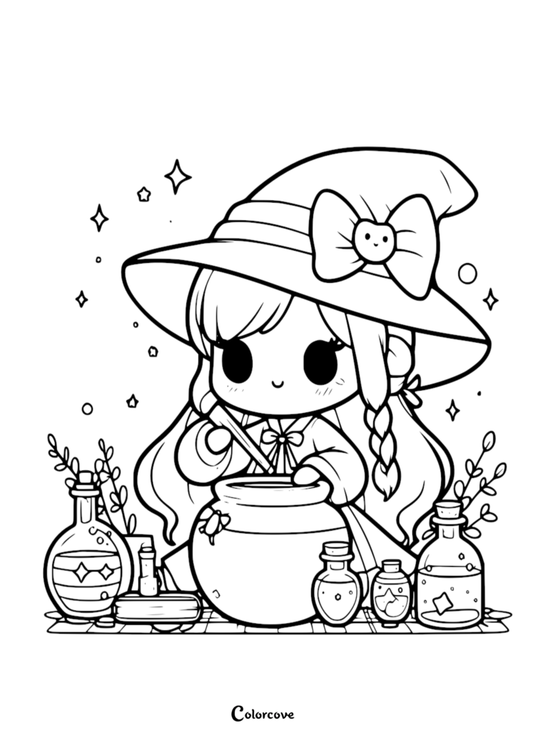 A cute witch with a bow on her hat stirring a cauldron, surrounded by magic potions, stars, and plants in this printable coloring page.