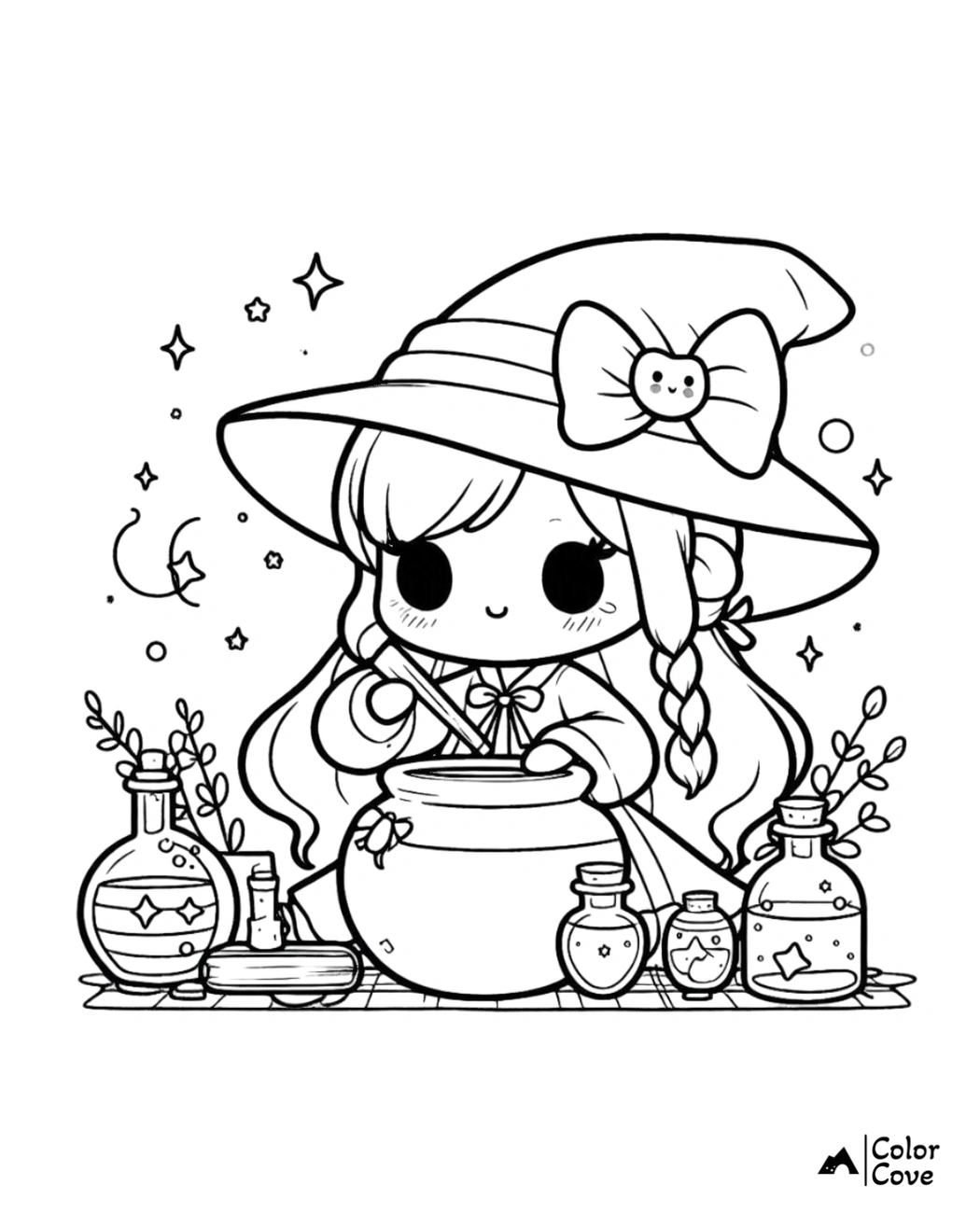 Cute witch with a big hat and ribbon mixing potions at a cauldron, surrounded by magical bottles - coloring page.