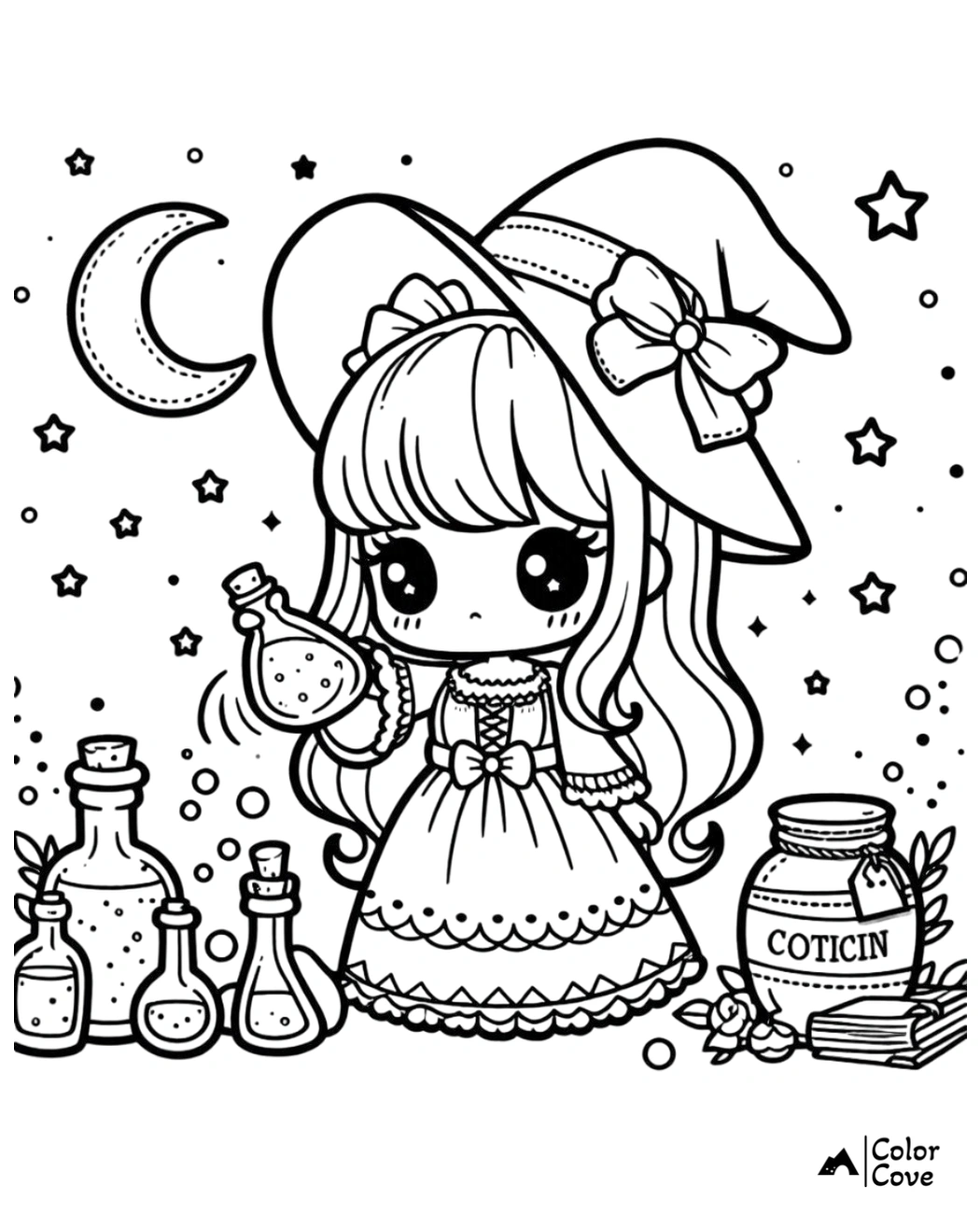 Cute witch girl with potion bottles under a starry sky coloring page. Kawaii Halloween magic scene for kids.