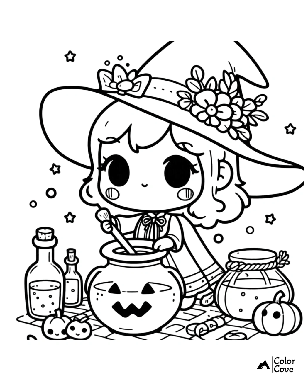 Cute Halloween witch stirring potion in cauldron, surrounded by pumpkins and potion bottles. Coloring page by Color Cove.