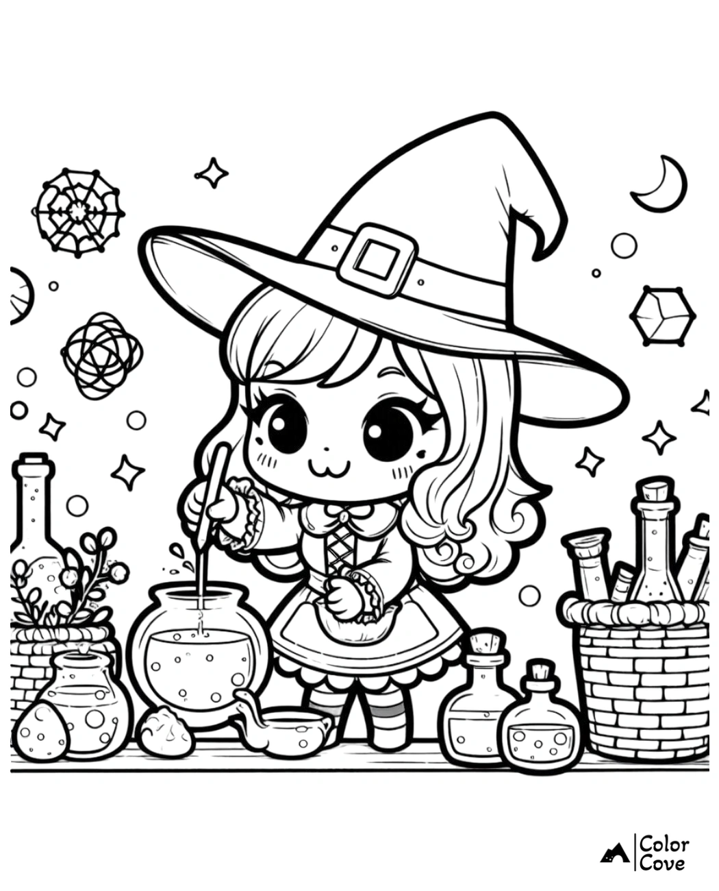 Adorable witch mixing potion in a cauldron, surrounded by magical items. Coloring page for kids.