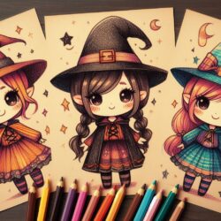 Cute Halloween witch coloring pages for kids with colored pencils, featuring adorable witches in colorful outfits and hats.