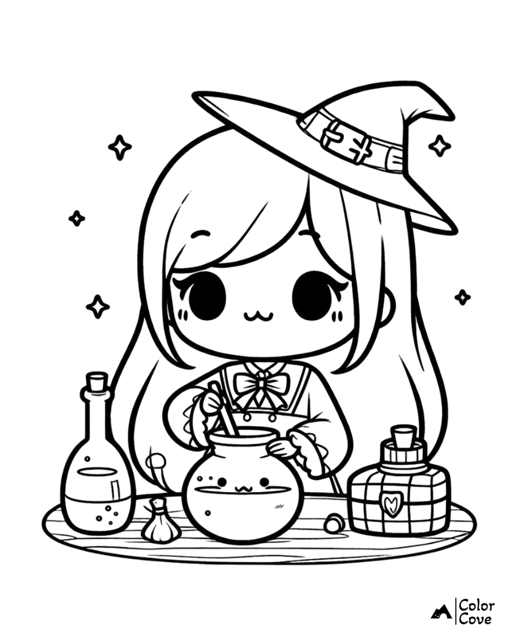 Cute witch doll coloring page with cauldron, potion bottles, and stars. Perfect for kids' Halloween-themed coloring fun.