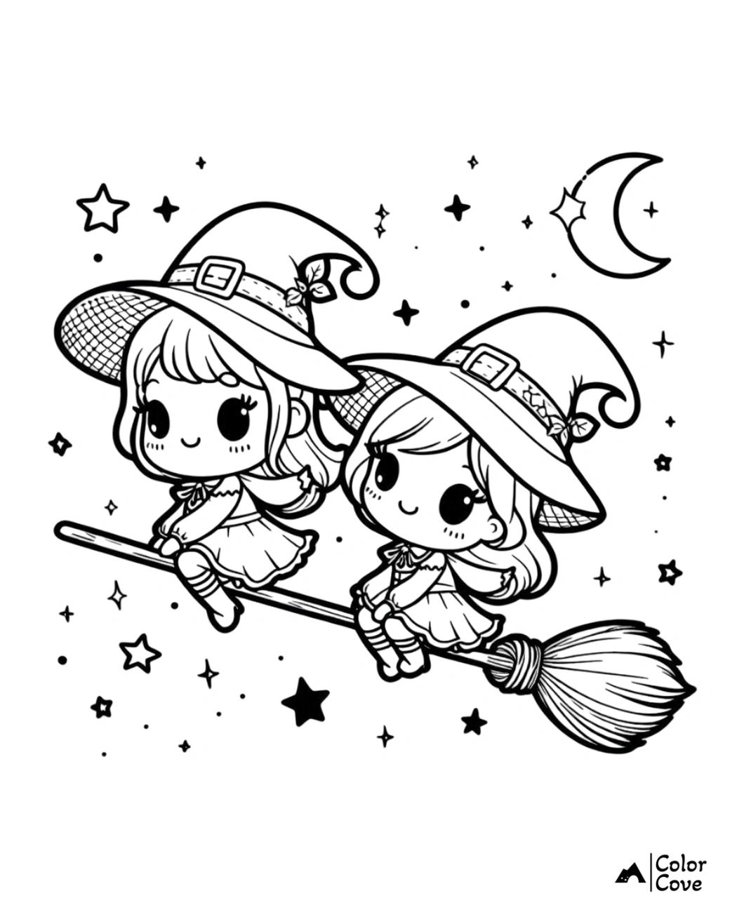 Cute witch dolls ride on a broomstick under the moon, stars, and sky in this fun Halloween-themed coloring page.