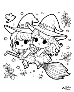 Coloring page of two cute witches on a broomstick with stars, leaves, and a bird, perfect for kids' Halloween fun.