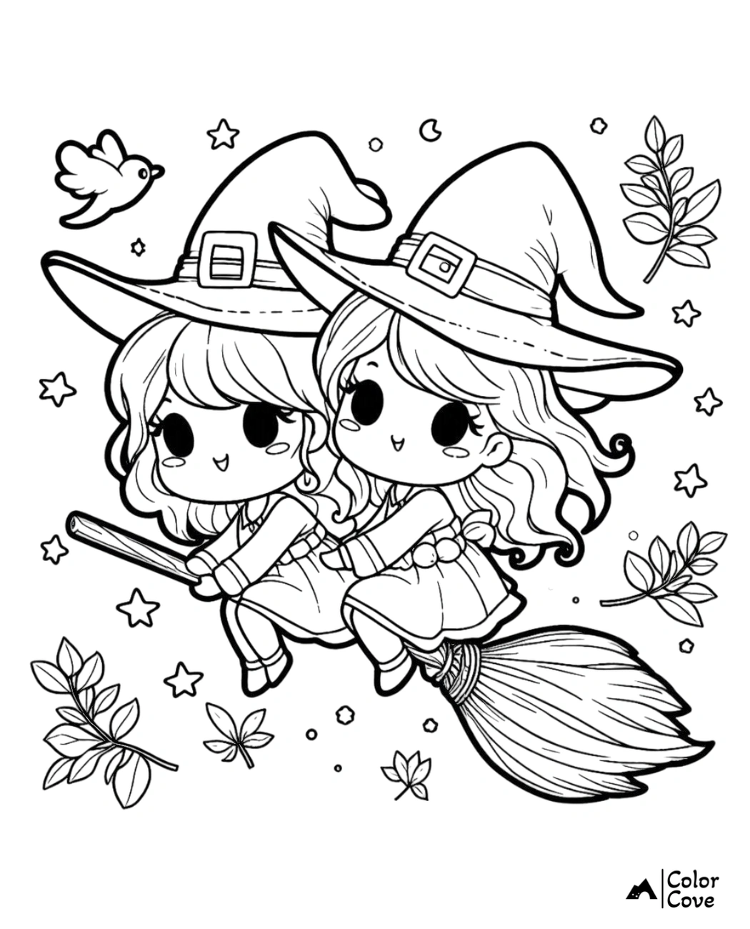 Coloring page of two cute witches on a broomstick with stars, leaves, and a bird, perfect for kids' Halloween fun.