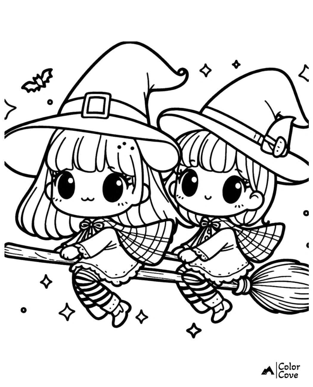 Adorable twin witches on a broomstick coloring page with cute details and stars, perfect for Halloween fun and creativity.