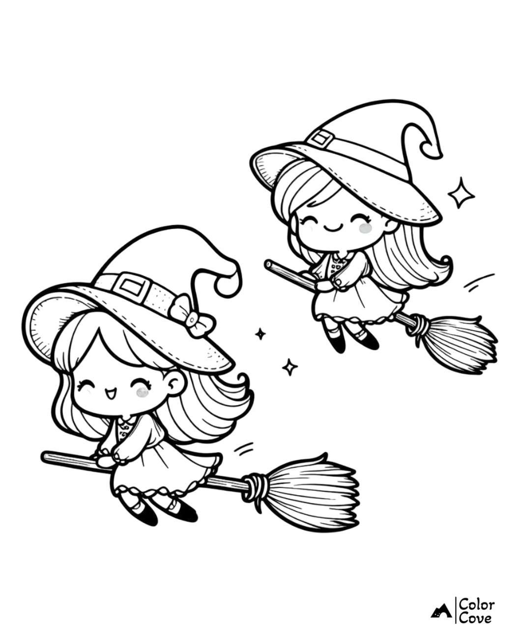 Cute witch girls flying on brooms coloring page for kids, whimsical Halloween printable activity sheet.