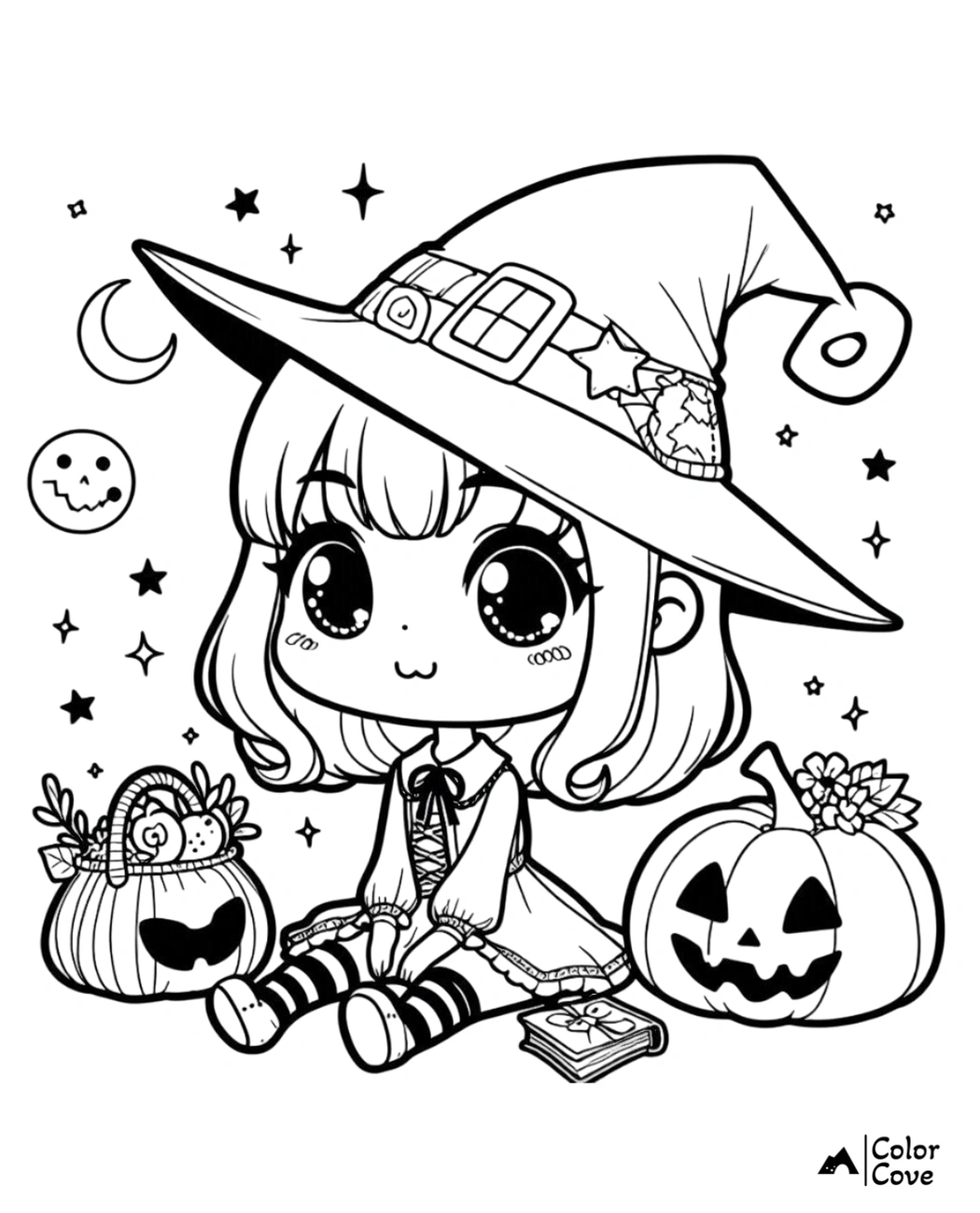 Cute Halloween witch coloring page for kids featuring a little witch, pumpkins, stars, and a moon. Perfect fall activity.