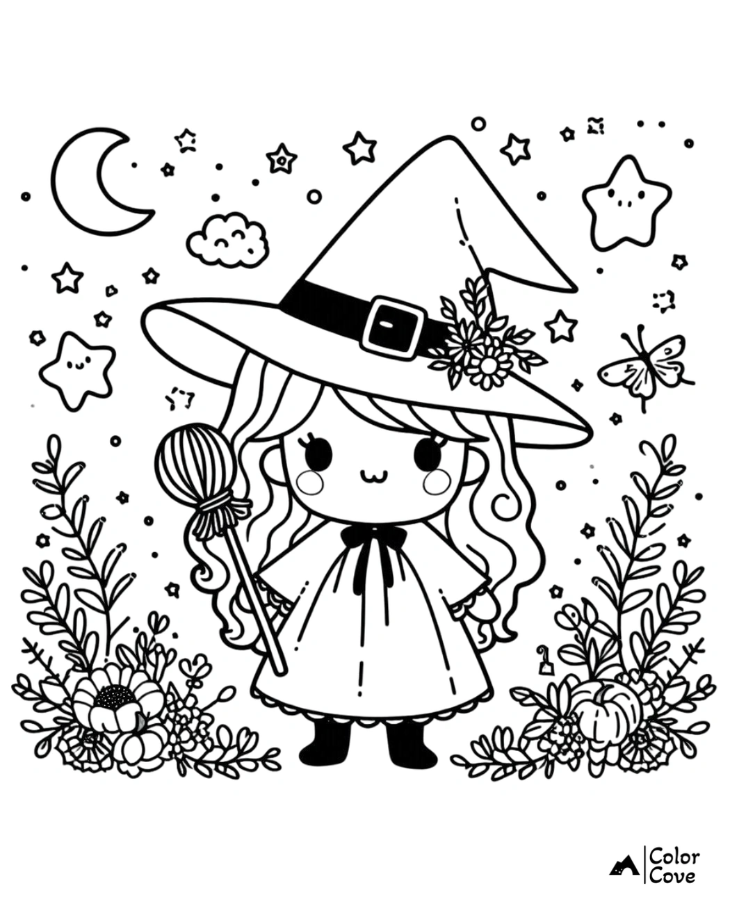 Cute witch coloring page for kids featuring a girl in a hat and dress, with stars, moon, and flowers around her.