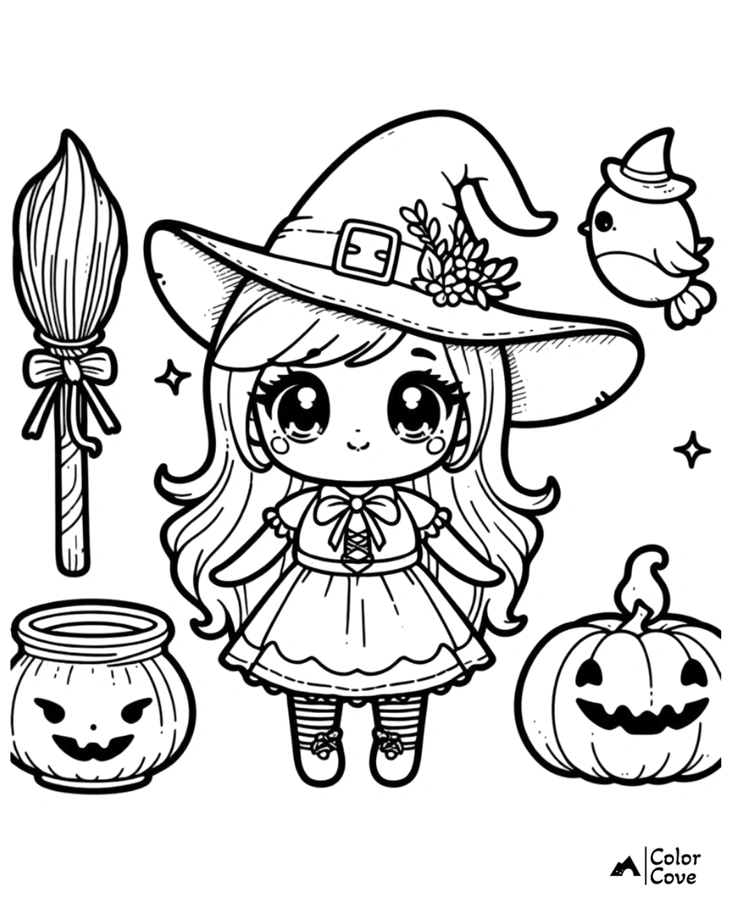 Adorable witch coloring page with a cute witch, broomstick, bird, cauldron, and jack-o'-lantern. Perfect for Halloween fun!