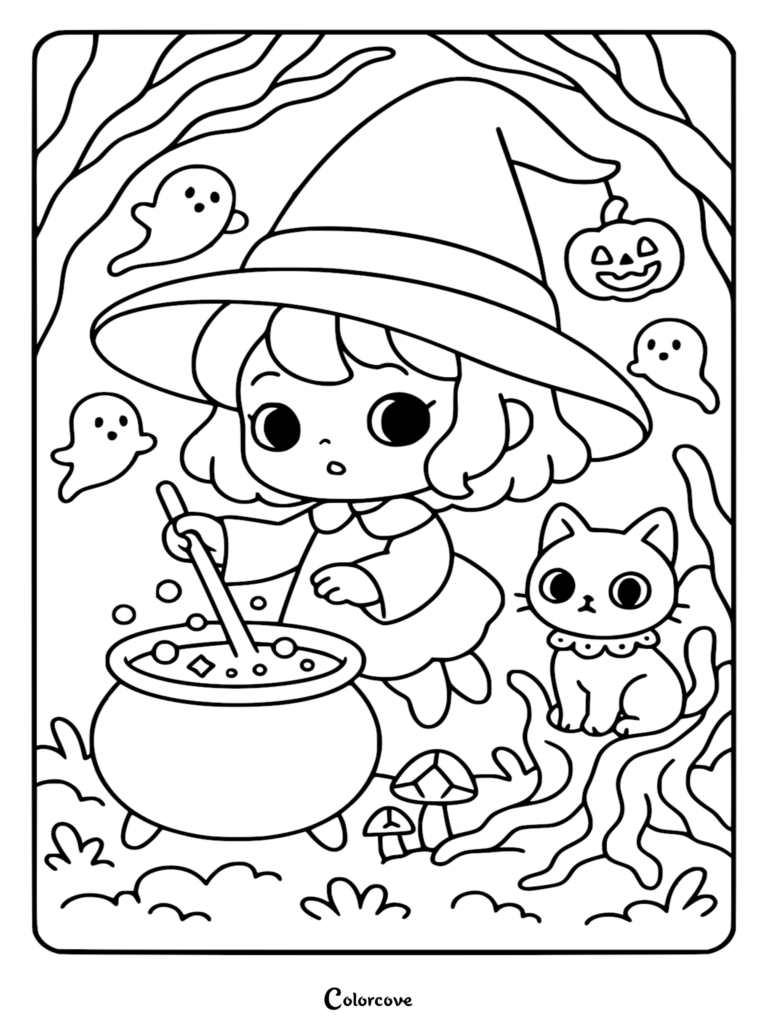 A cute witch wearing a wide-brimmed hat stirs a magical cauldron surrounded by floating ghosts, a hanging pumpkin, and a black cat sitting on a tree stump, illustrated as a black and white line art coloring page.