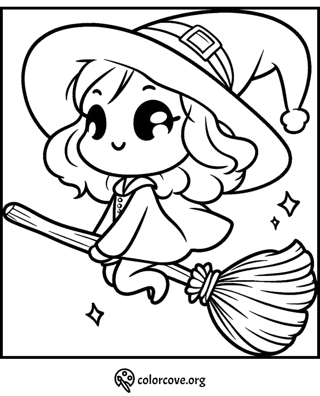 Cute witch flying on a broomstick coloring page for kids. Fun Halloween activity from ColorCove.org. Printable and free.