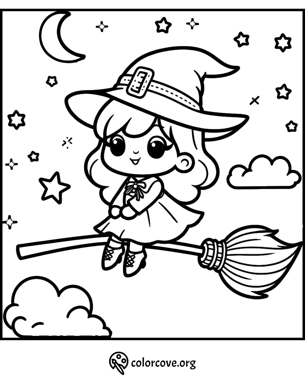 Coloring page of a cute witch flying on a broomstick under a crescent moon and stars, perfect for Halloween fun.