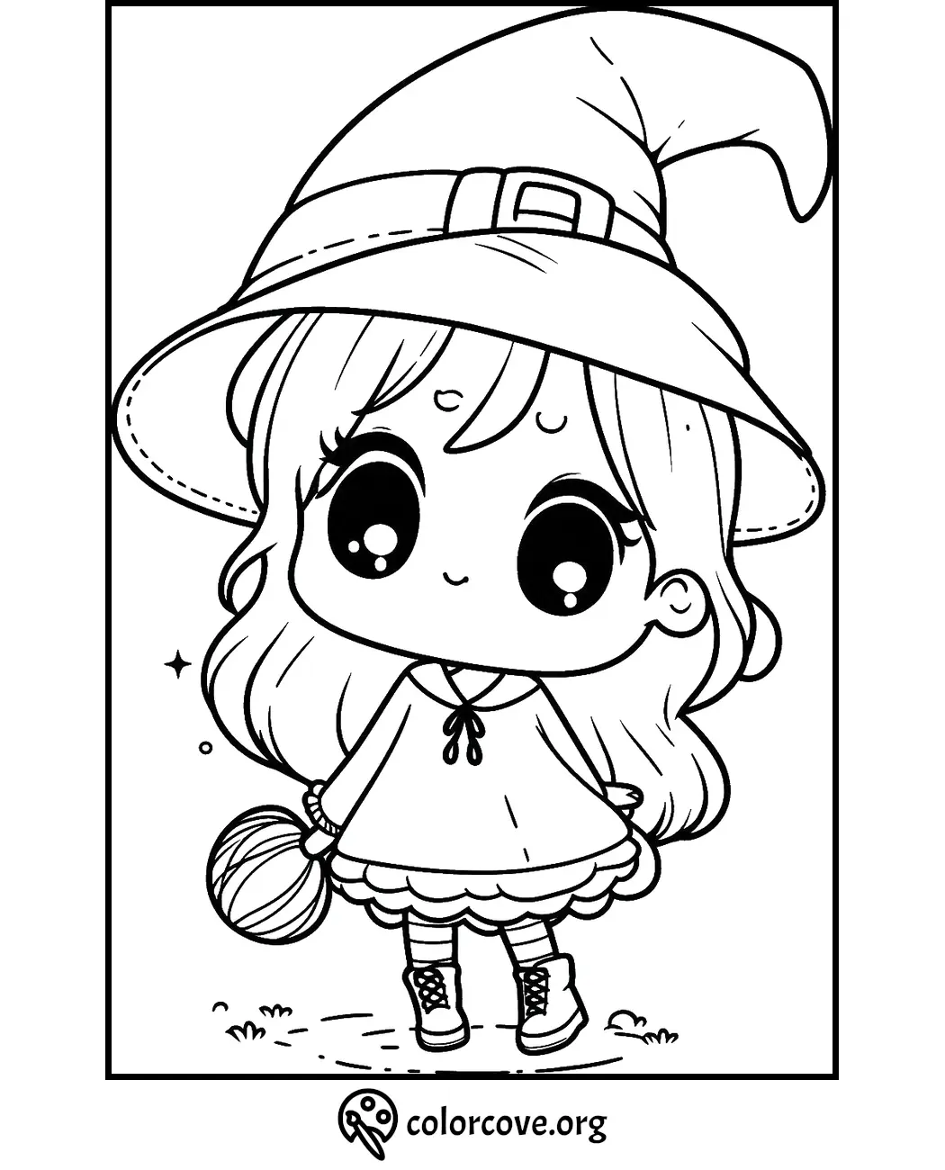 Cute witch coloring page with big eyes, holding a pumpkin. Download this printable Halloween coloring sheet from colorcove.org.