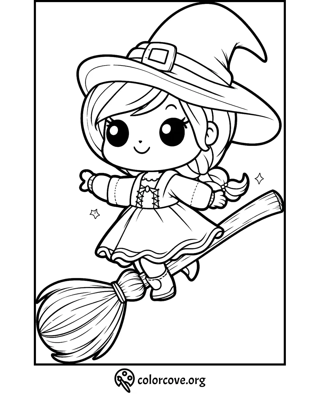 Cute witch on a broomstick coloring page; colorcove.org. Adorable character with hat and dress; children’s Halloween activity.