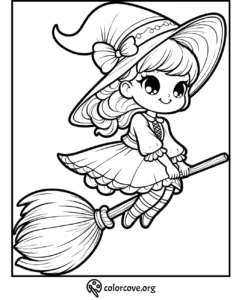 Cute witch girl on a broomstick coloring page for kids from colorcove.org. Fun Halloween printable activity.