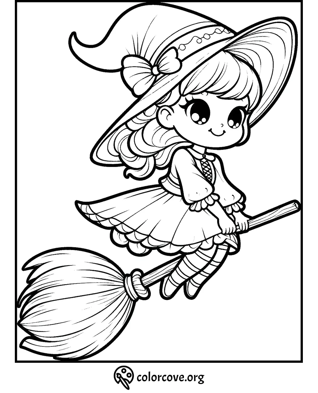 Cute witch girl on a broomstick coloring page for kids from colorcove.org. Fun Halloween printable activity.