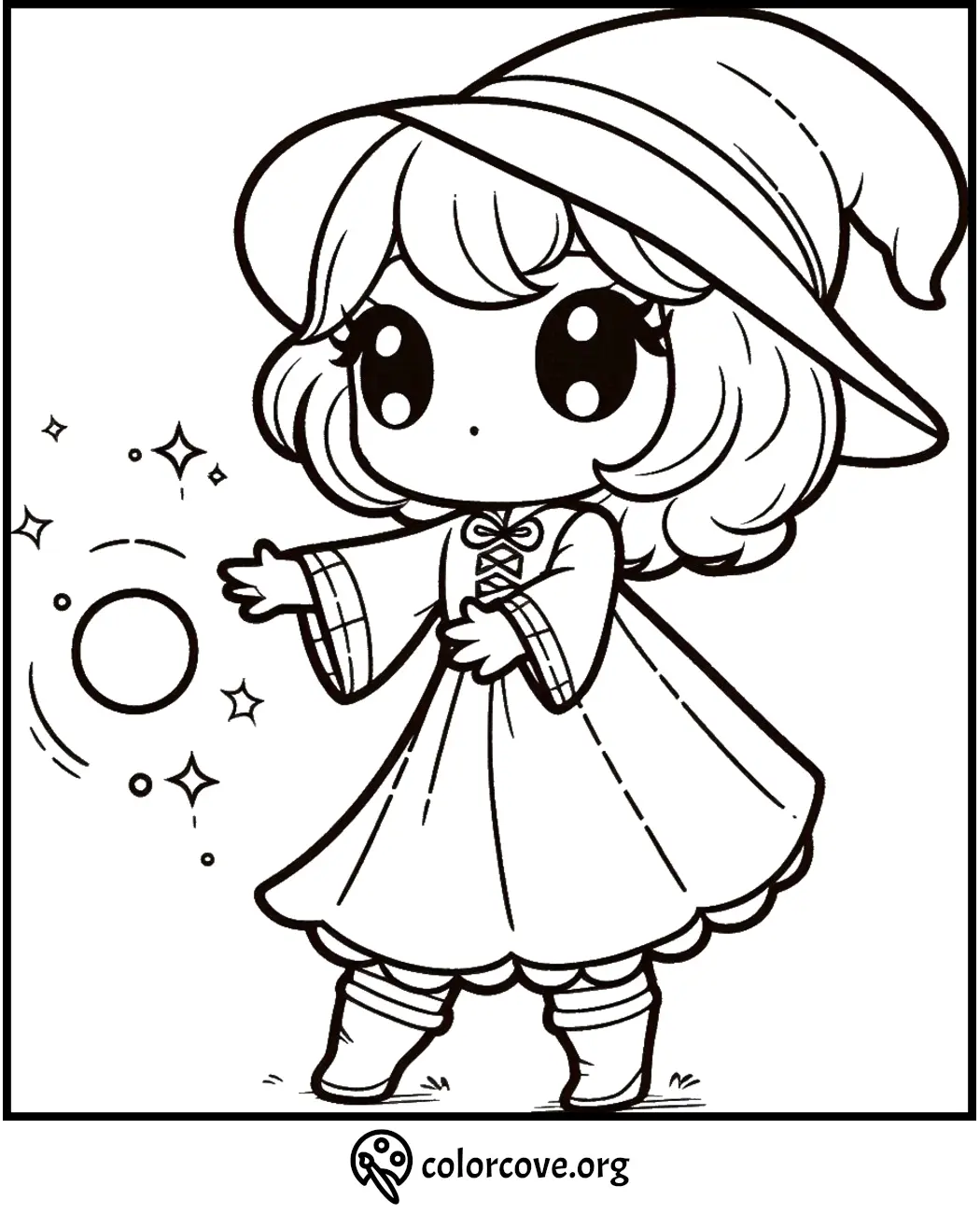 Cute witch casting a spell coloring page for kids. Fun and magical black and white printable art suitable for all ages.