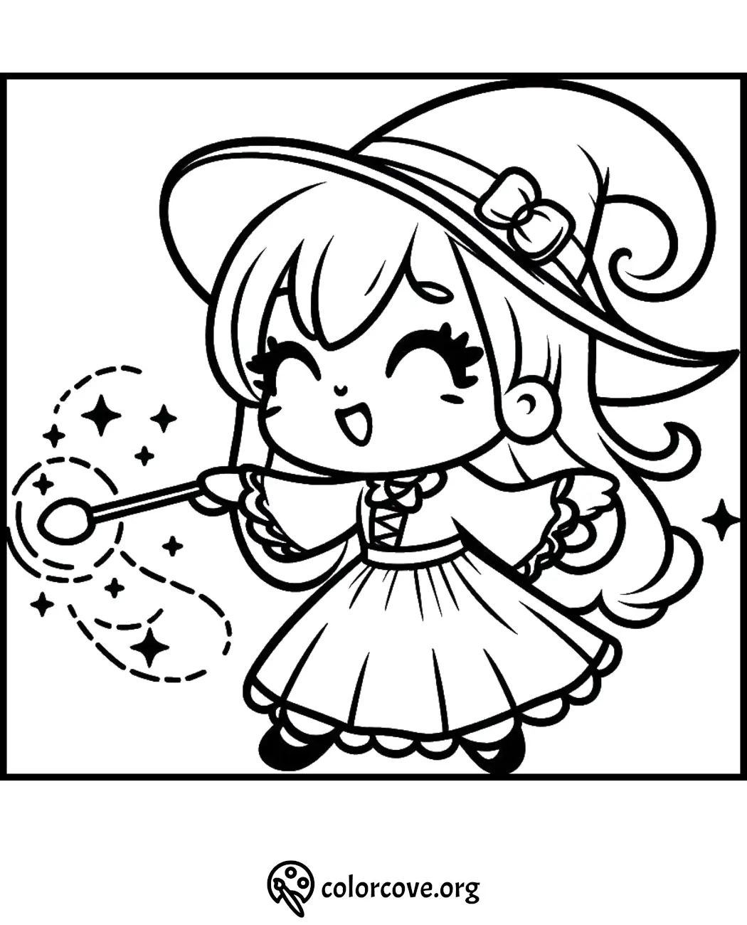 Cute witch coloring page with a happy girl in a hat and dress, casting a spell with her wand. Site: colorcove.org.