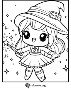 Cute chibi witch coloring page with a magic wand and a big hat, perfect for kids to color and enjoy magical creativity.
