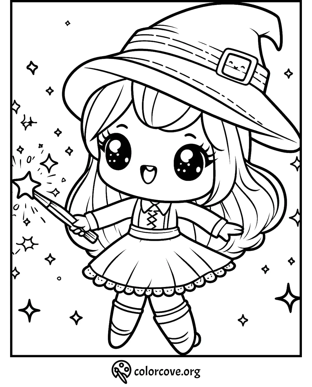 Cute chibi witch coloring page with a magic wand and a big hat, perfect for kids to color and enjoy magical creativity.