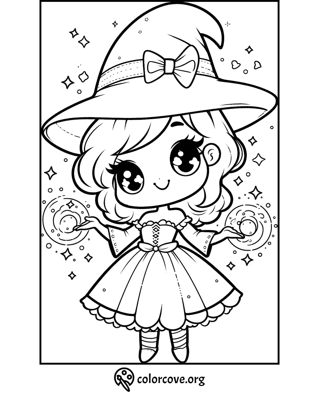 Cute witch in a whimsical dress and hat, holding magic orbs, on a Halloween coloring page from colorcove.org.