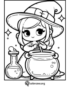 Cute witch stirring cauldron with potion and beaker, printable Halloween-themed coloring page for kids from colorcove.org.