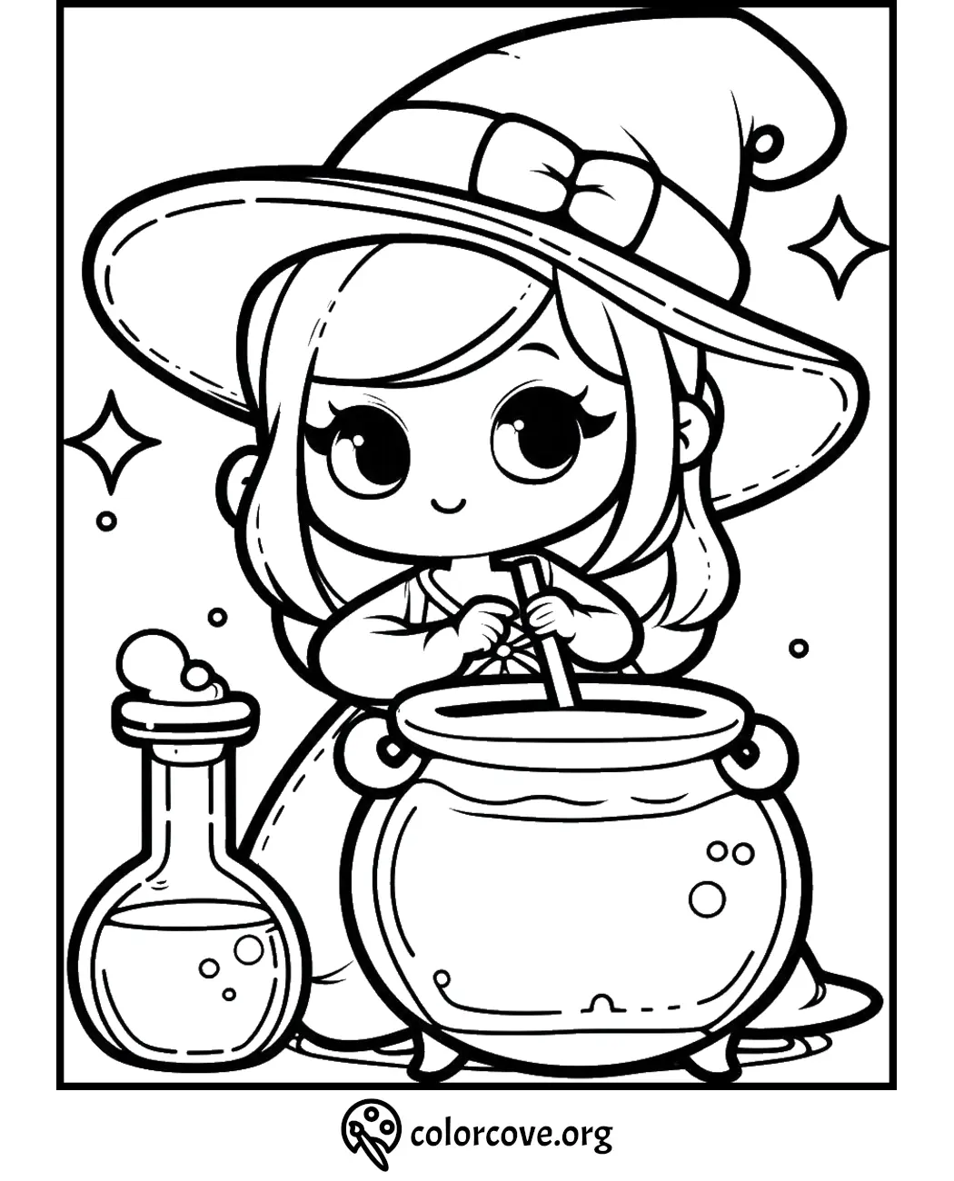 Cute witch stirring cauldron with potion and beaker, printable Halloween-themed coloring page for kids from colorcove.org.