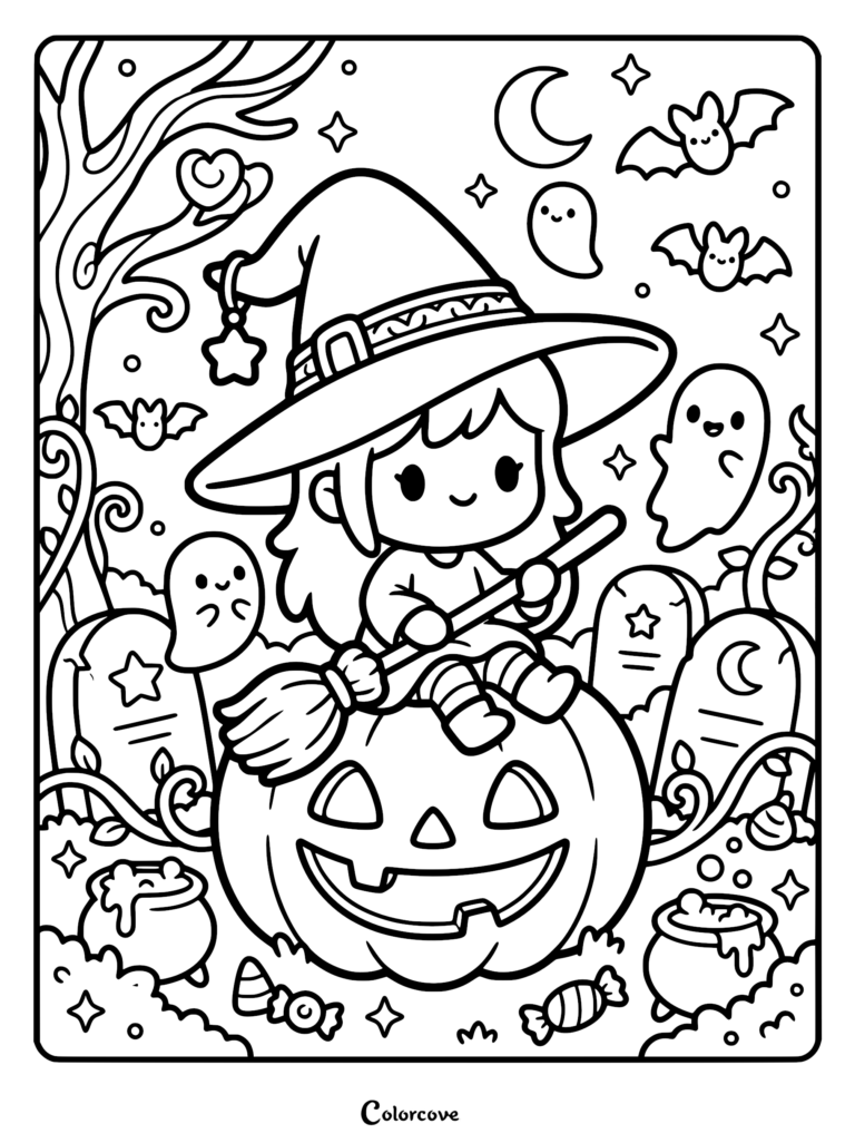 Cute witch on jack-o'-lantern surrounded by ghosts and bats.