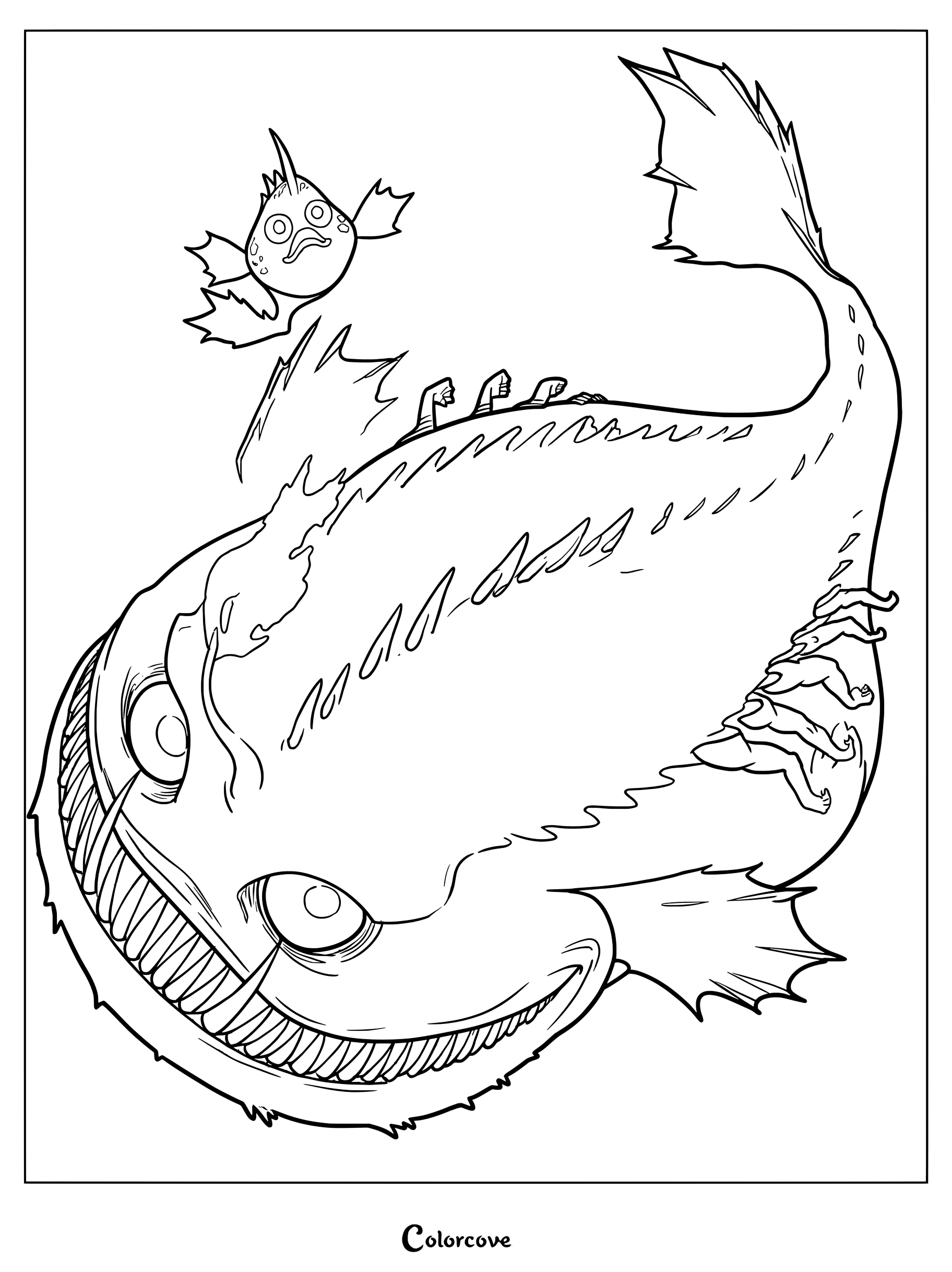 Detailed coloring page of Ai and Makoto Jin's Daemons, Scavenger, featuring a large creature and a small flying companion.
