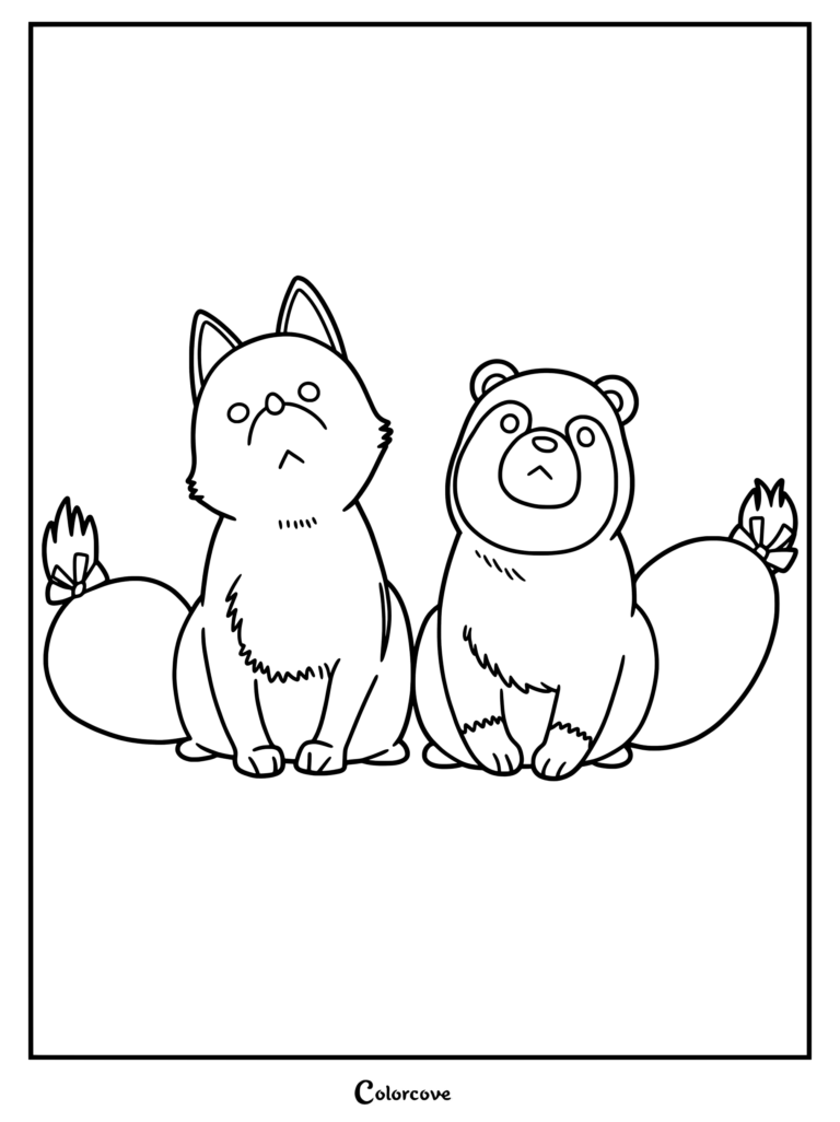 Coloriage simple représentant Akai et Midori assis côte à côte avec de grandes queues duveteuses.