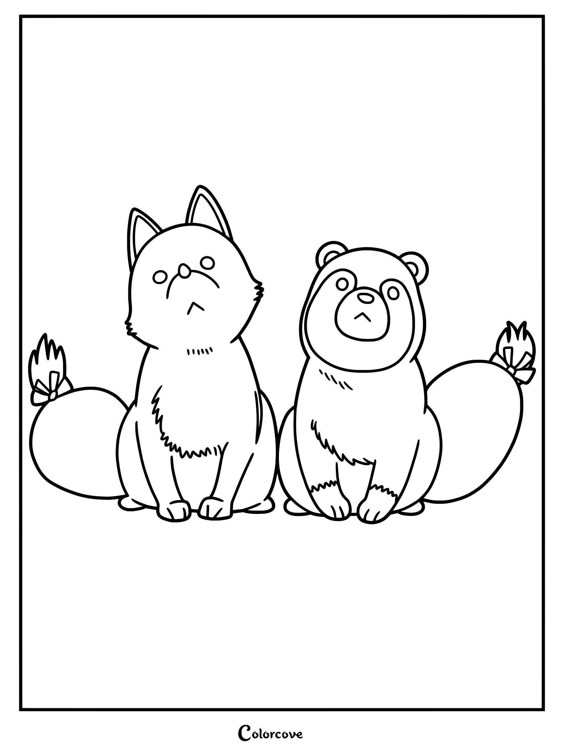 Simple coloring page featuring Akai and Midori sitting side by side with large fluffy tails.