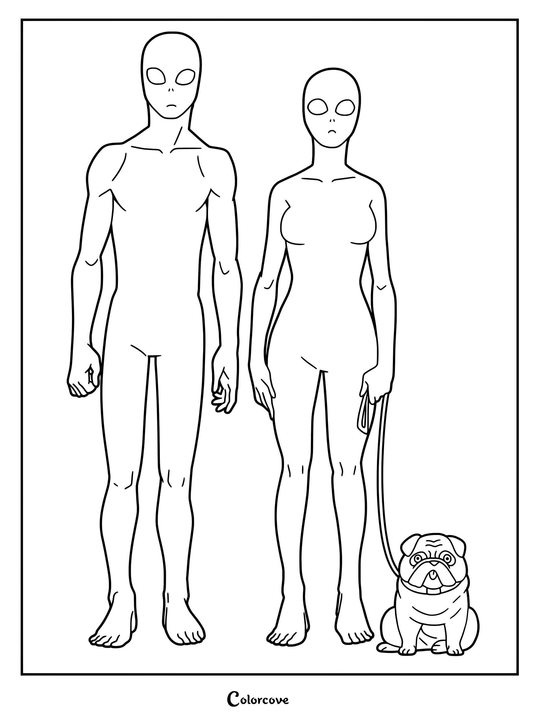 Simple coloring page of two Noto Province aliens standing with a stray pug on a leash.