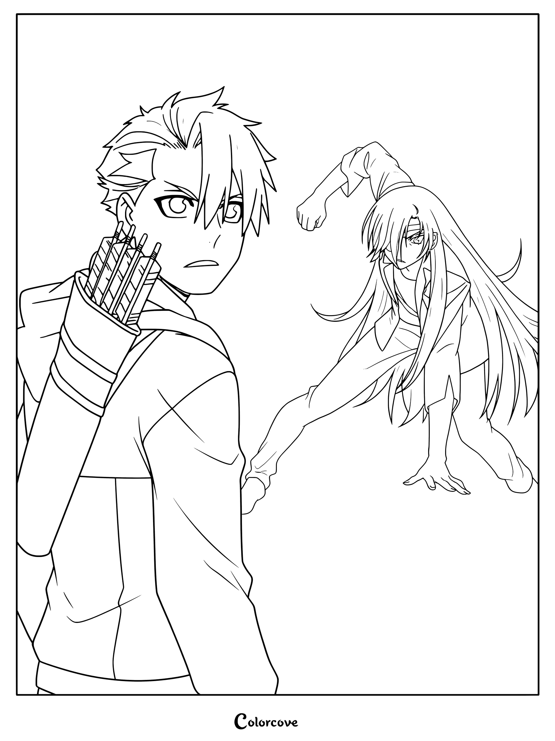 Detailed coloring page of Asa with a quiver and Yuru in a dynamic combat stance from Daemons Of The Shadow Realm.