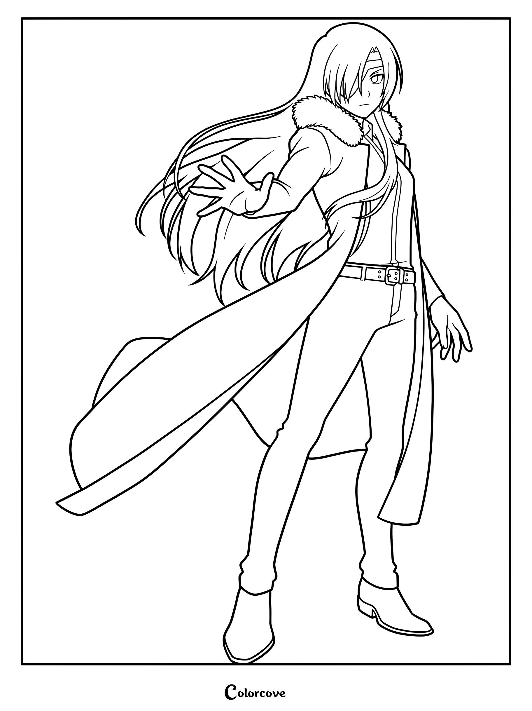 Detailed coloring page of Asa, the Twin of Day, wearing a long coat with a fur collar and reaching out her hand.