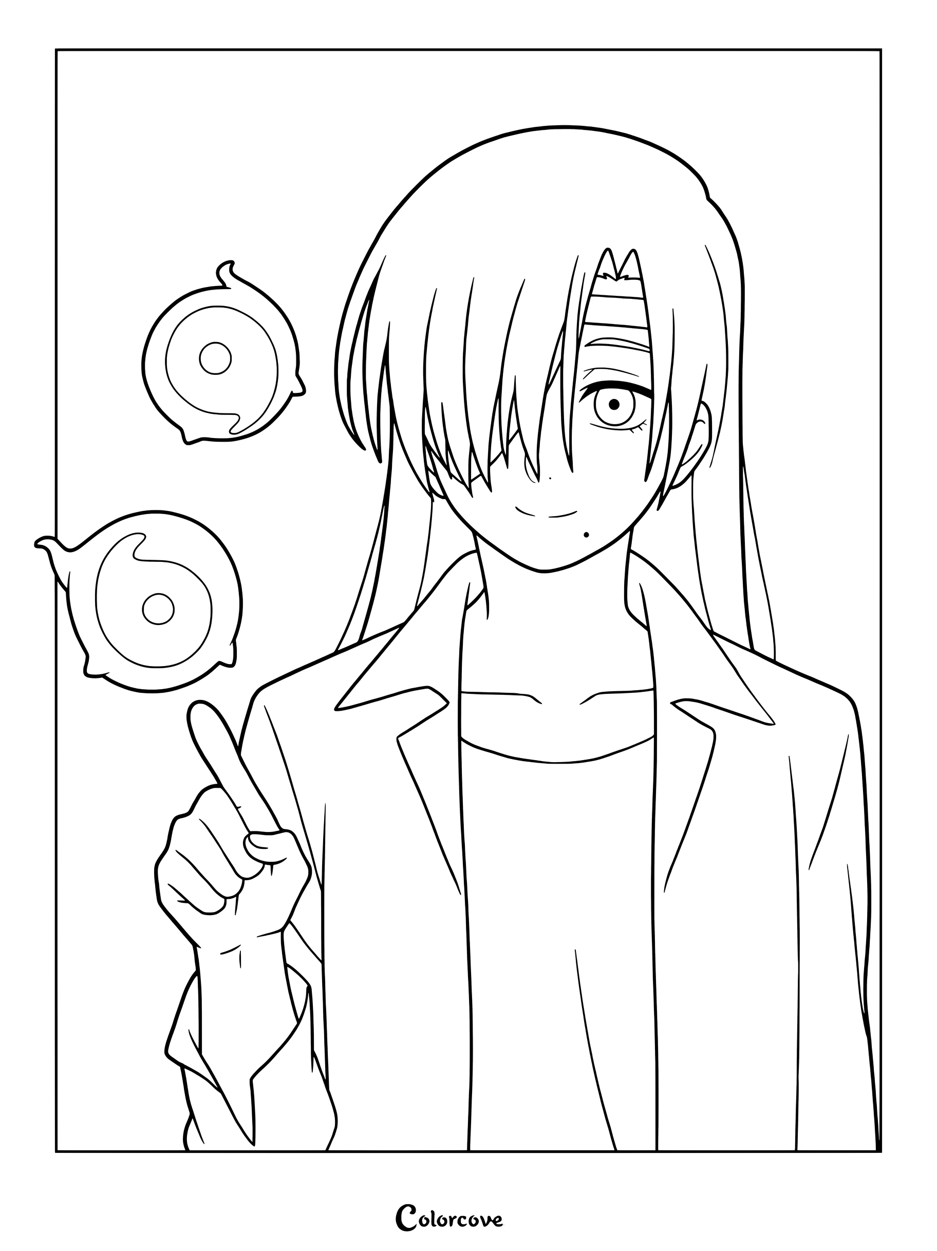 Medium difficulty coloring page of Asa with long hair and floating orbs from Daemons Of The Shadow Realm.