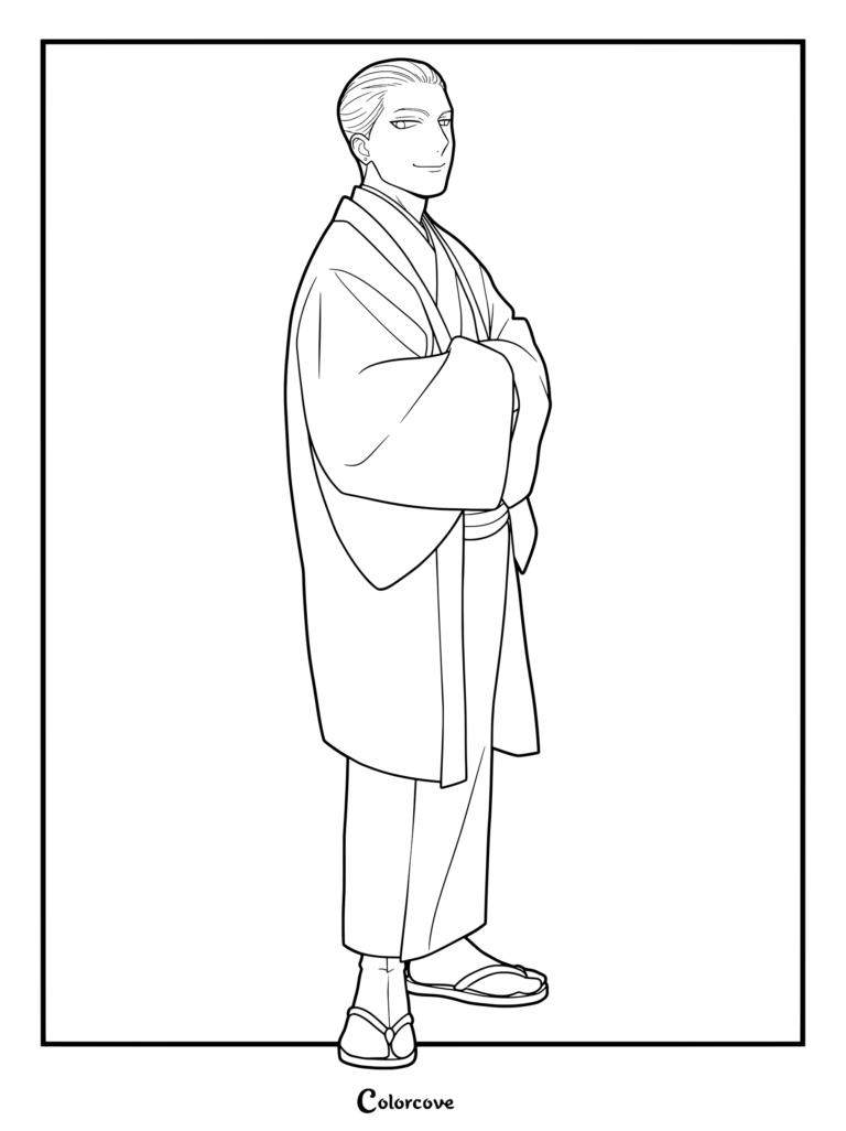 Coloriage de difficulté moyenne d'Asuma Kagemori, le frère Kagemori du milieu, serein mais louche, en kimono traditionnel.