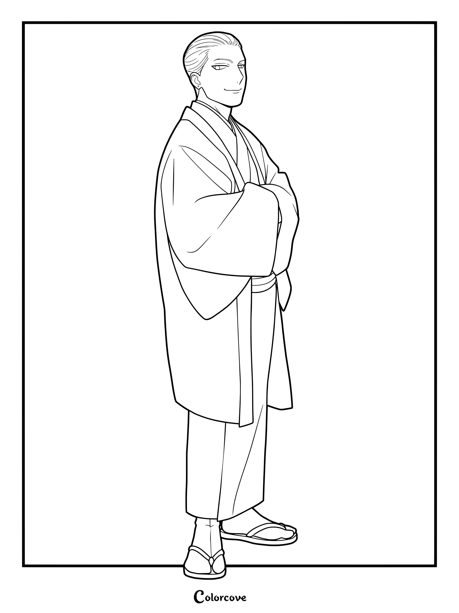 Medium difficulty coloring page of Asuma Kagemori, the serene yet shady middle Kagemori brother in traditional kimono.