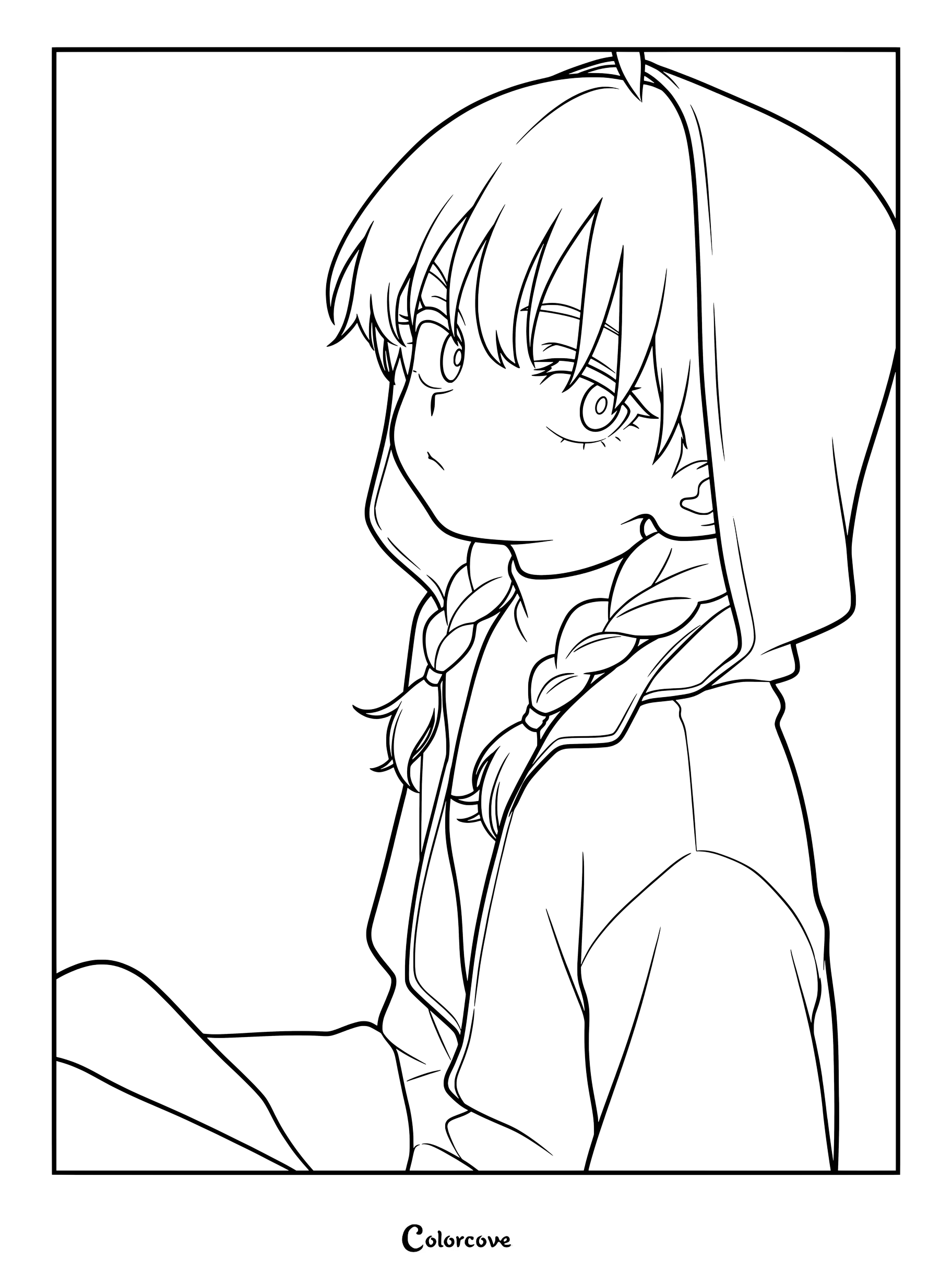 Simple coloring page of Gabby wearing a hooded jacket with braided hair looking to the side.